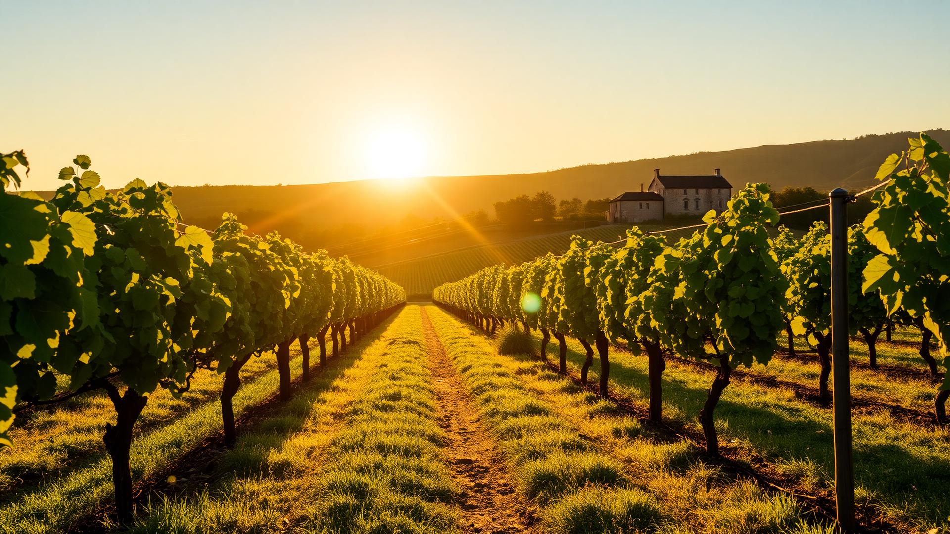 Sun-drenched vineyard at golden hour with a stone chateau